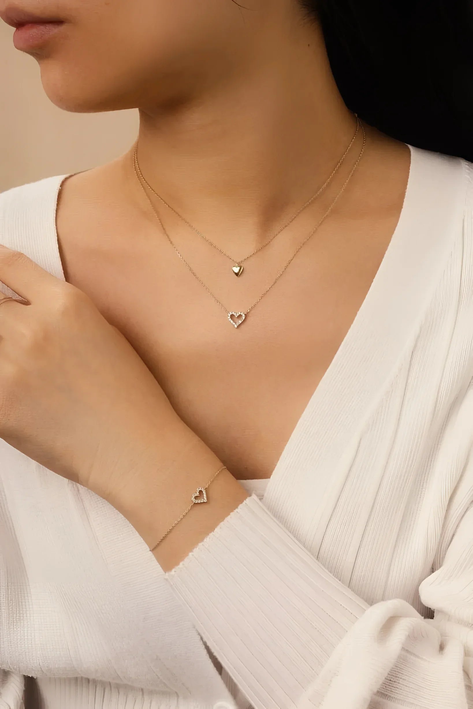 Gold heart jewelry set featuring 14k gold plated sterling silver Micro Heart Charm Necklace with 2in heart measure