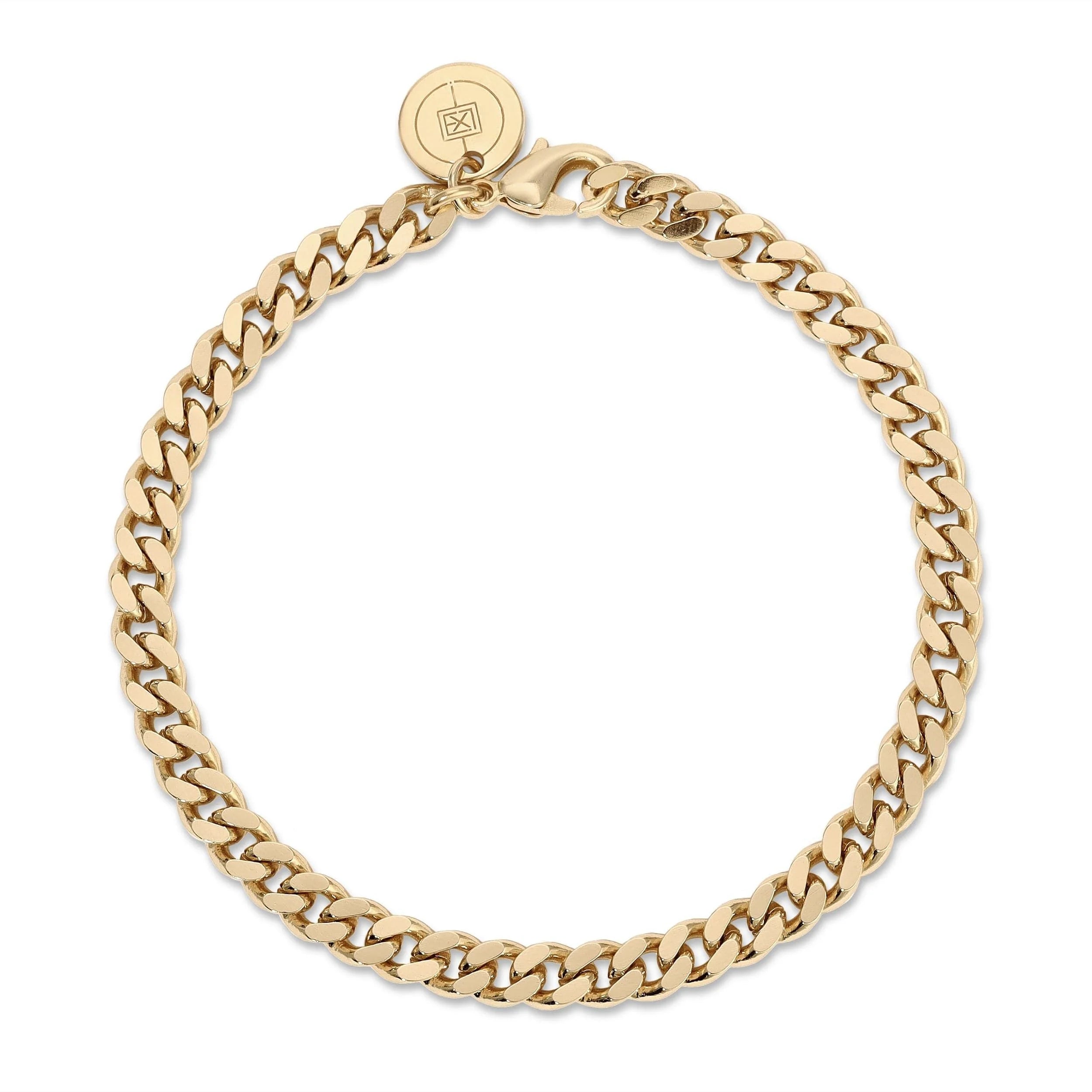 Gold Micro Link Curb Chain Bracelet with Circular Charm, Rhodium Plating and Ecoat Micro Curb