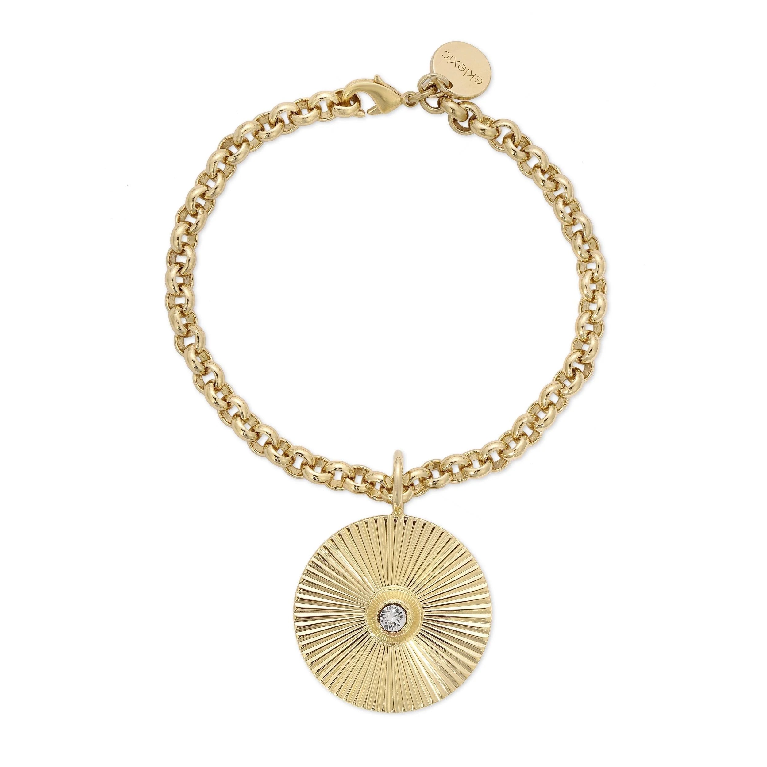 Gold chain bracelet with sunburst pendant featuring micro royal chain and 14k gold plating