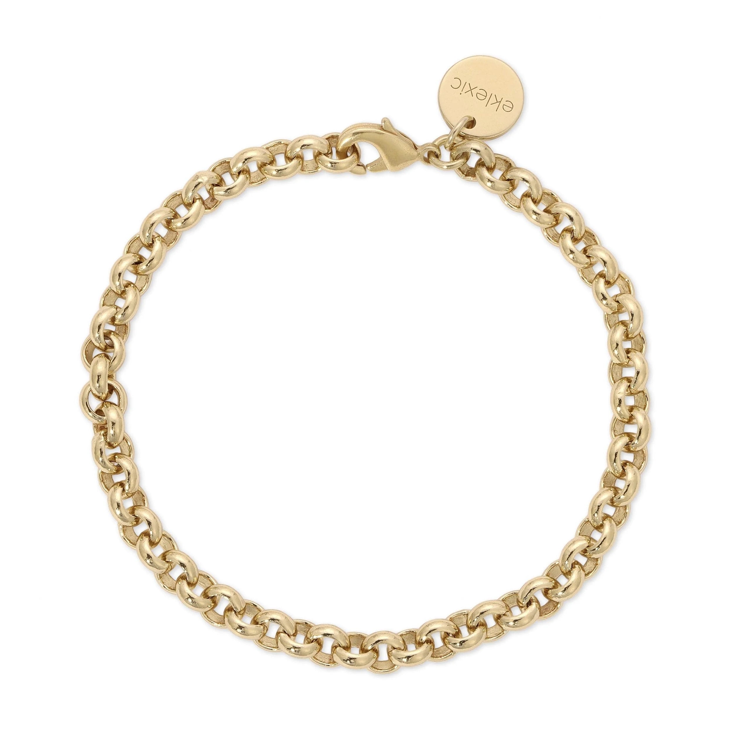 Gold-toned Micro Rolo Chain Bracelet with Circular Charm, Ecoat Micro Rolo Rhodium Plating