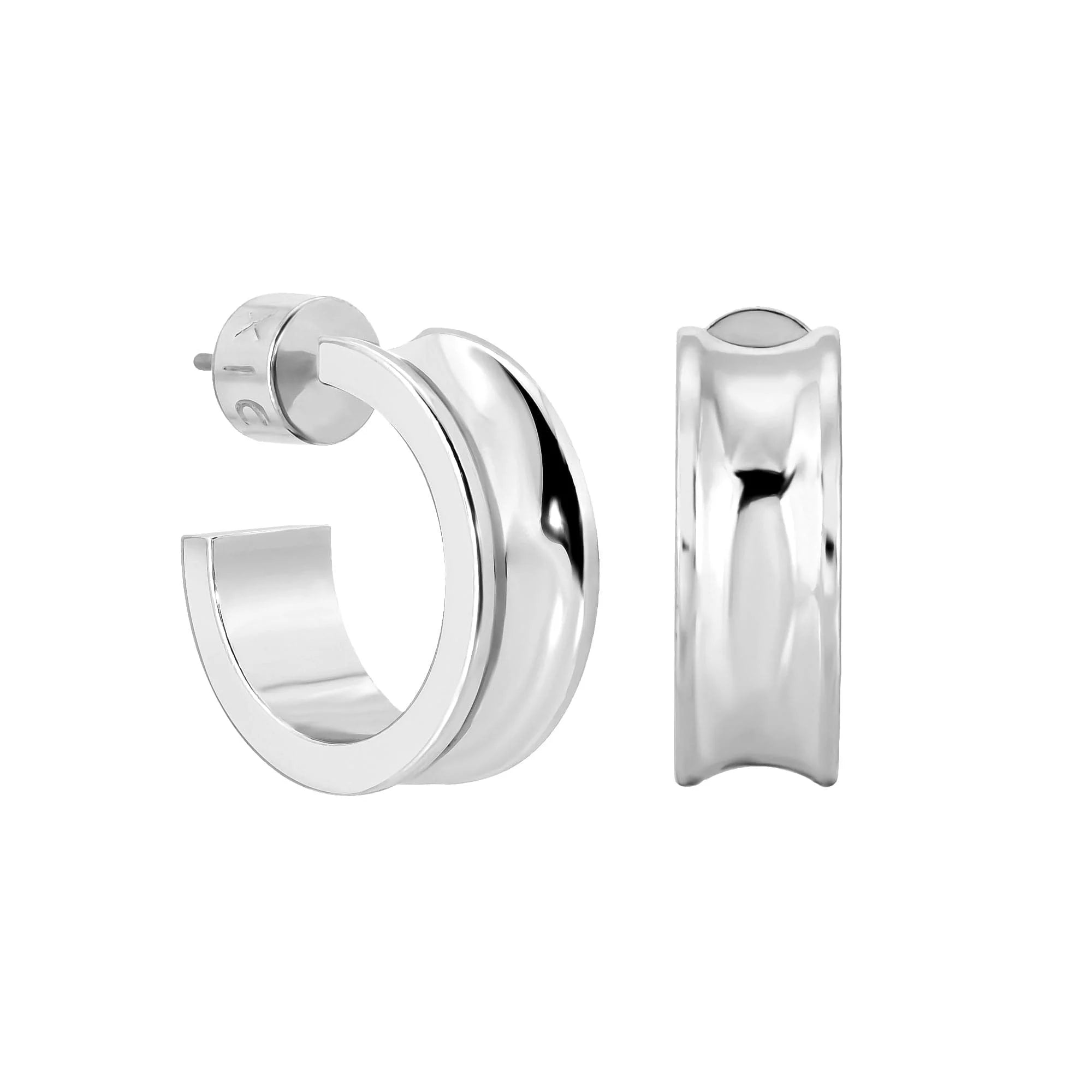 Silver mini concave hoops made from recycled brass and hypoallergenic surgical steel
