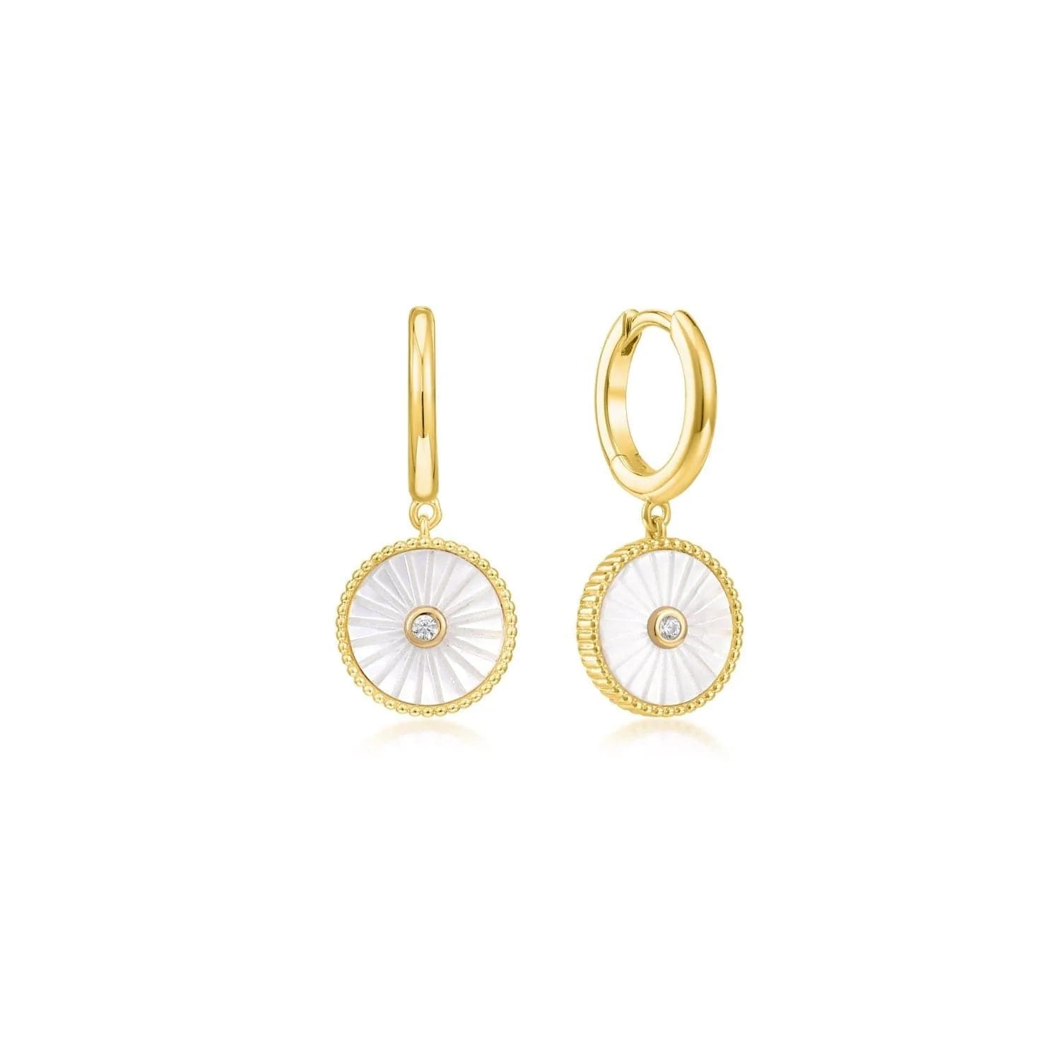 Gold and mother-of-pearl earrings in 14k gold vermeil hoop style with CZ drop design