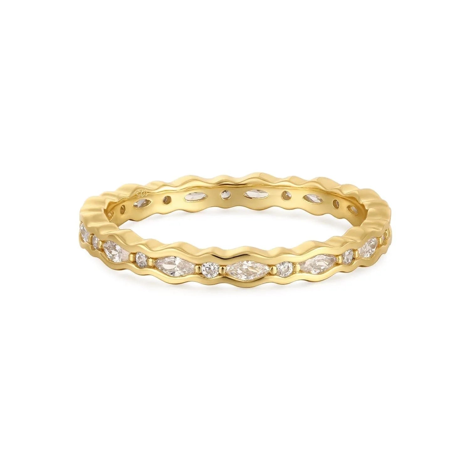 Gold vermeil rings featuring a multi-shaped CZ stone eternity design with marquise and round stones