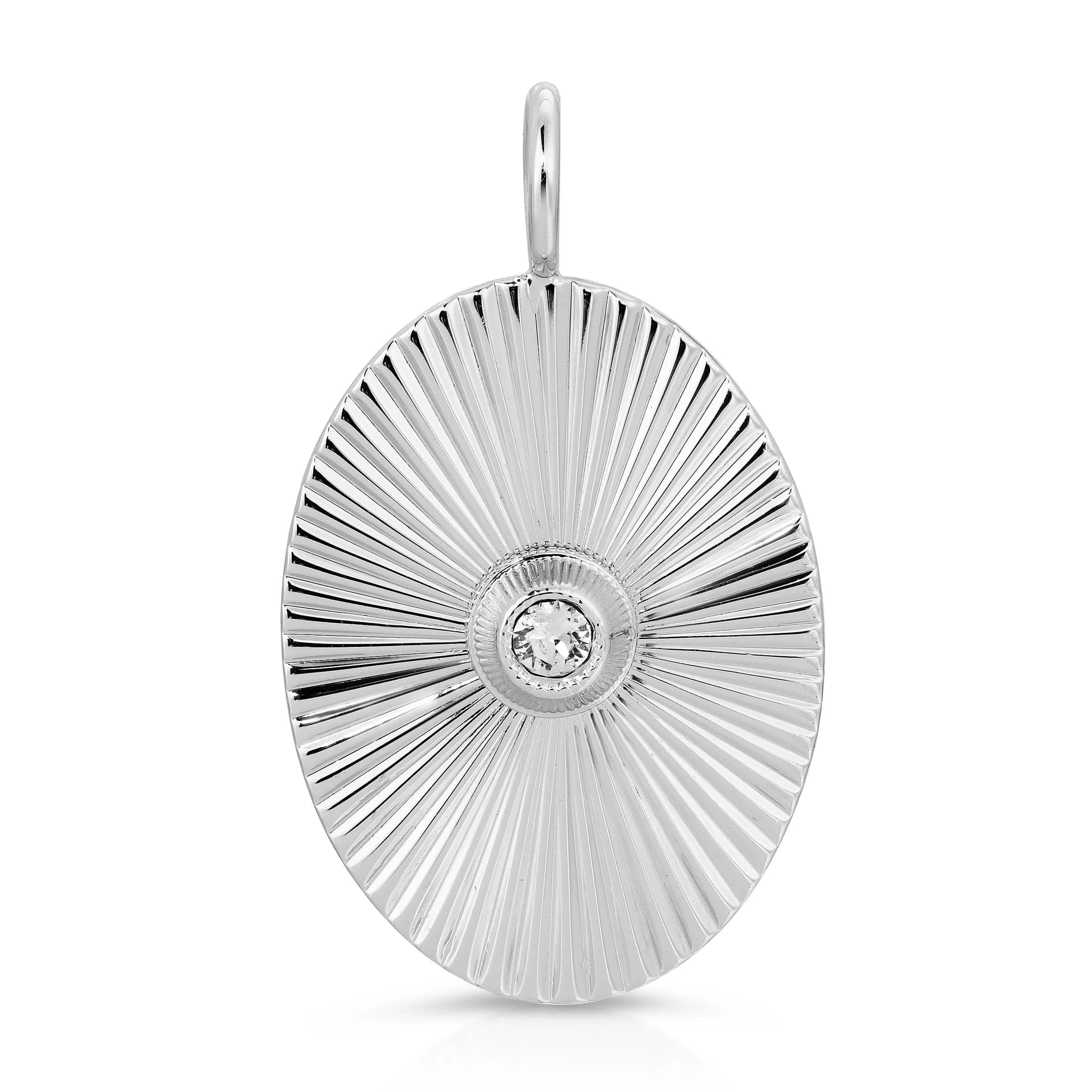 Silver oval starburst pendant with rhodium plating and Swarovski crystal center