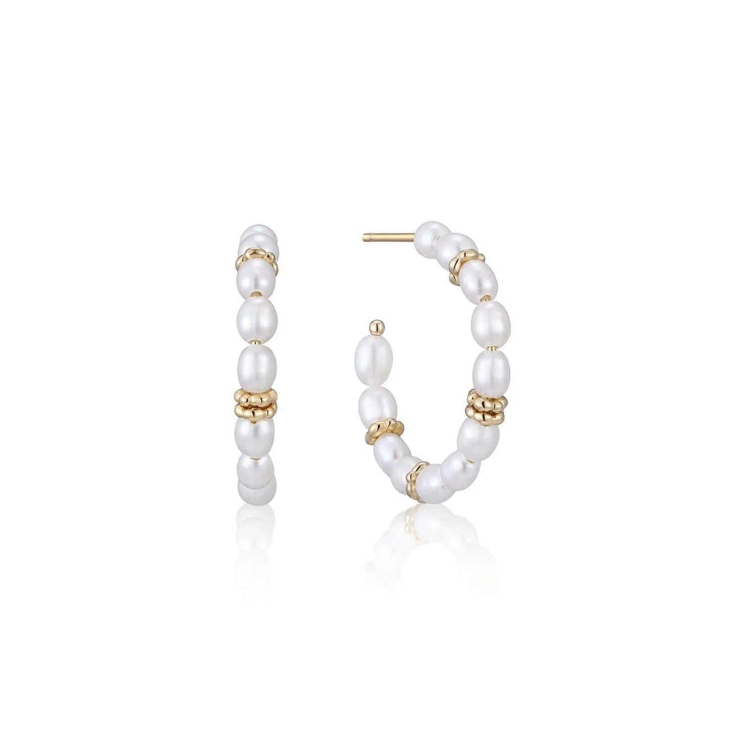Pearl and gold hoop earrings with 14k gold plating and sterling silver finish
