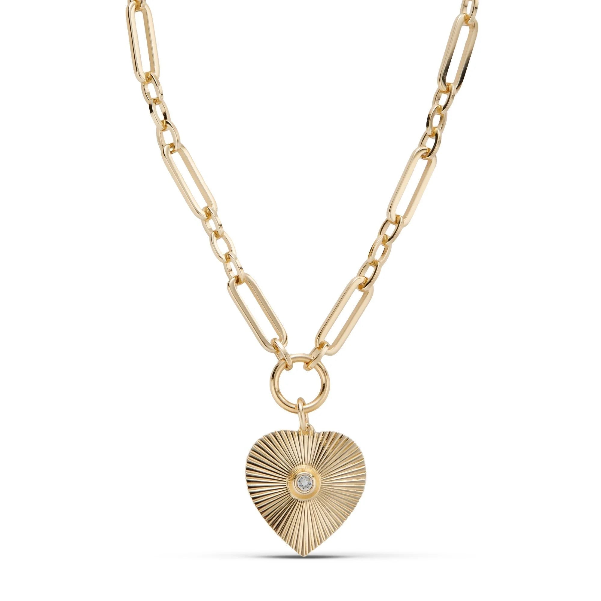 Gorgeous statement piece Perla Necklace with 14k gold plated heart pendant in recycled brass