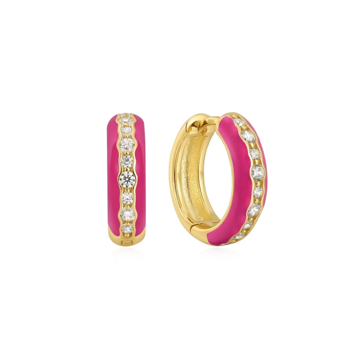 Pink Enamel & CZ Channel Huggie Hoop Earrings in 14k gold vermeil with embedded crystals