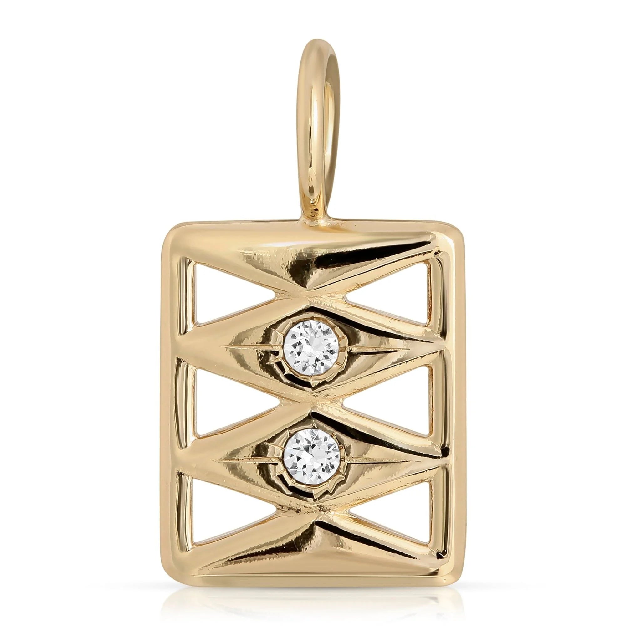 Gold pendant with embedded diamonds featuring triangle shape cutouts and wide handcrafted design