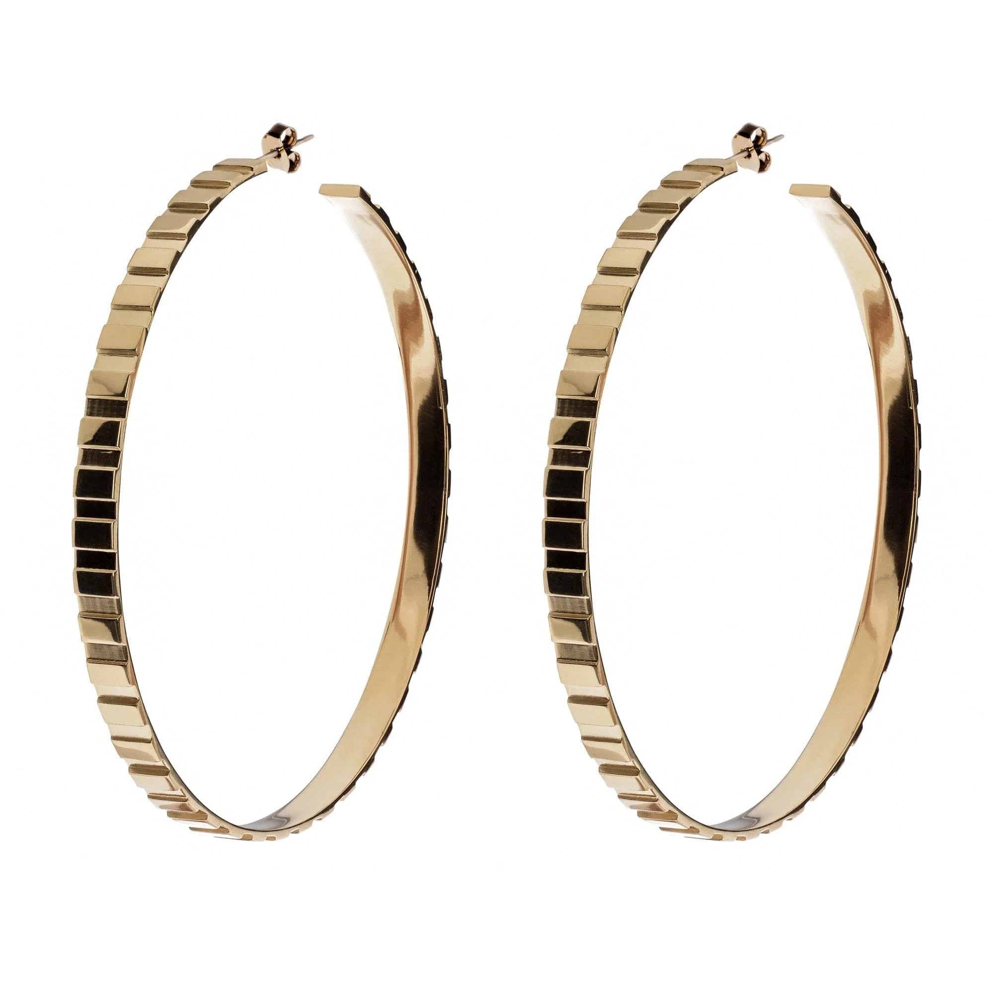 Recycled brass hoop earrings with rectangle step pattern, inch wide gold hoop earrings
