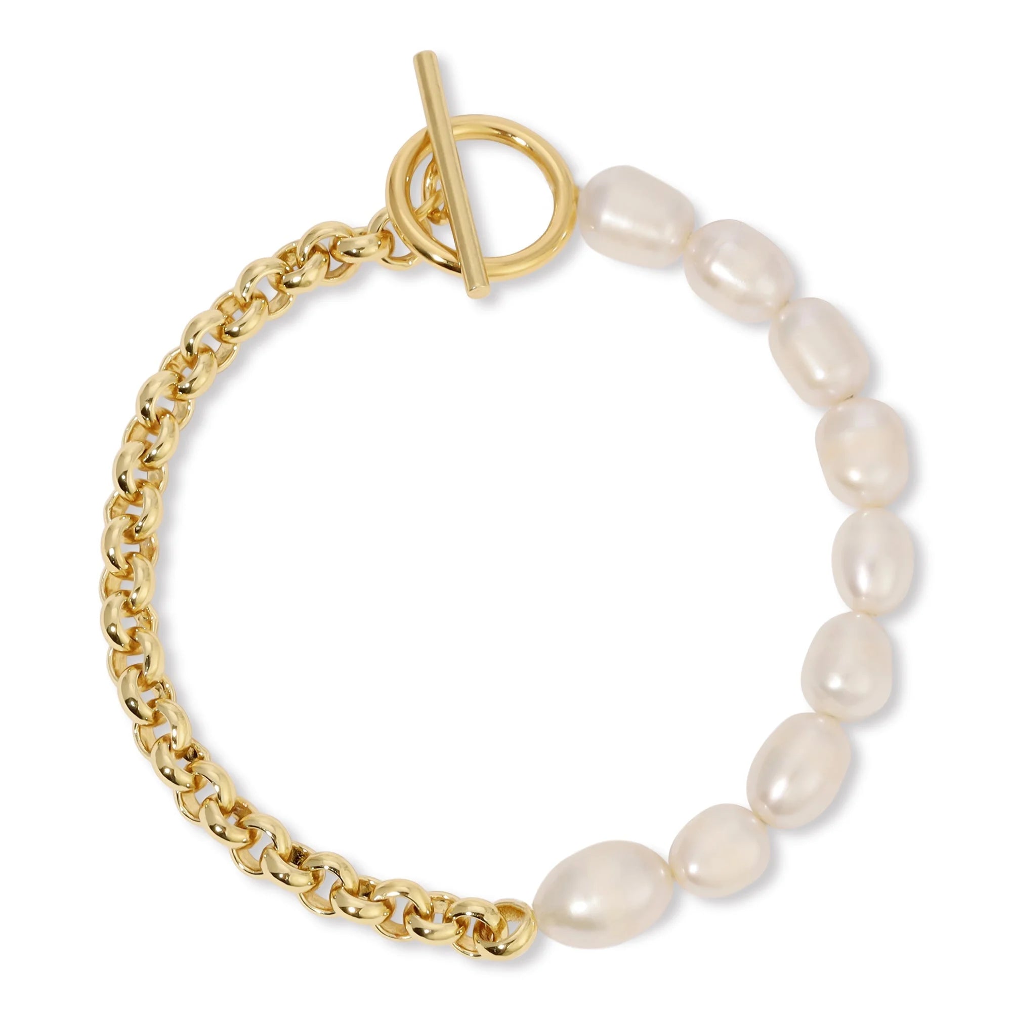Rosie Bracelet featuring gold chain, fresh water pearls, and rhodium plating style