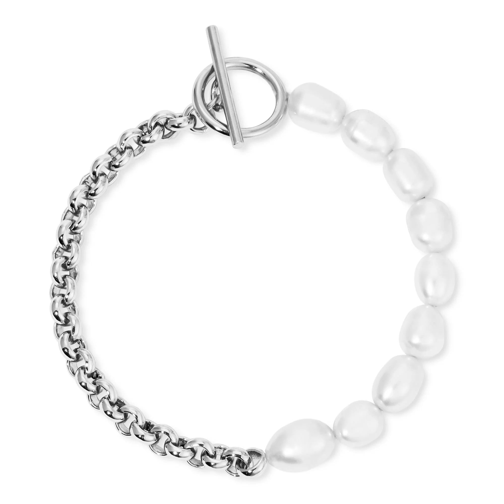 Silver chain and fresh water pearls on Rosie Bracelet with rhodium plating visual