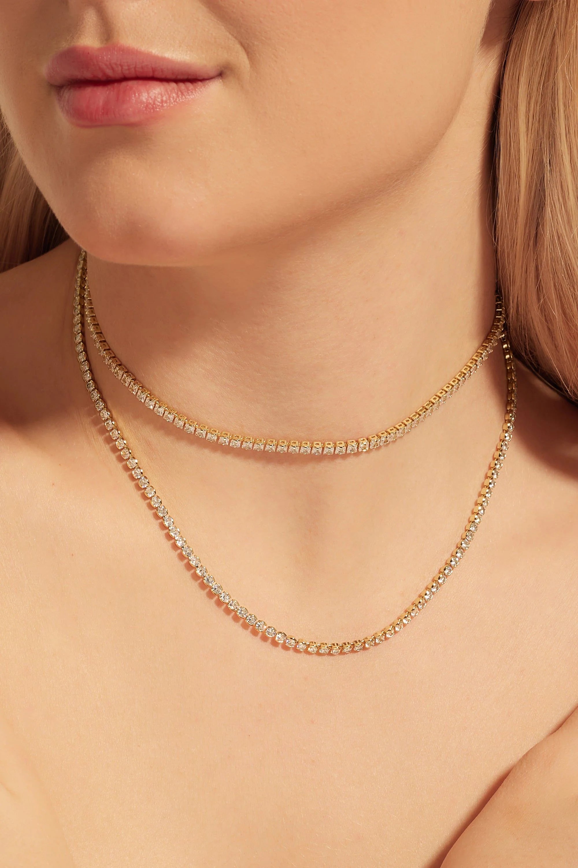 Elegant Two Gold and Diamond Tennis Necklaces Featuring Round CZs and Extender Round CZs