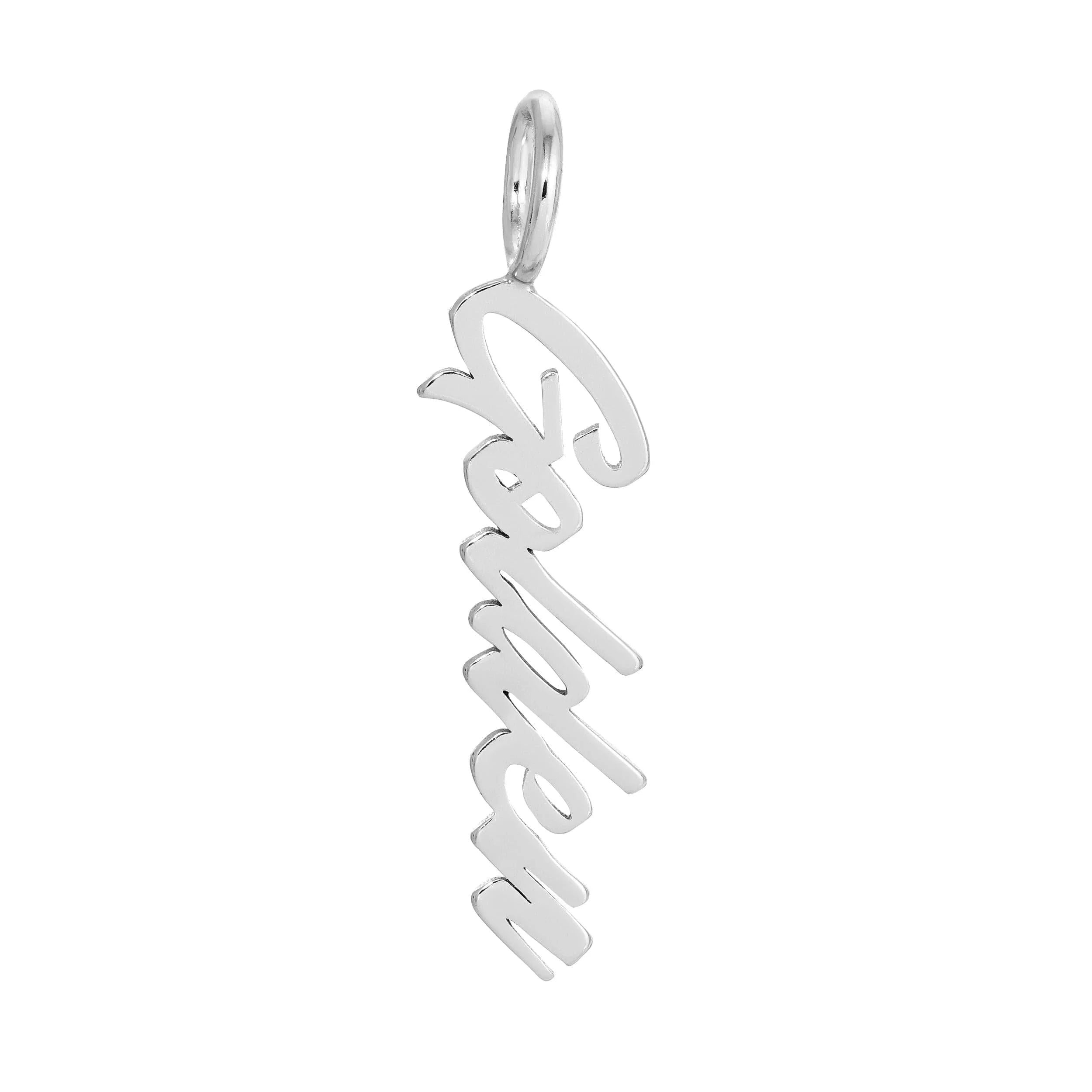 Silver name pendant showcasing a script pendant design, perfect for personalized word pendants