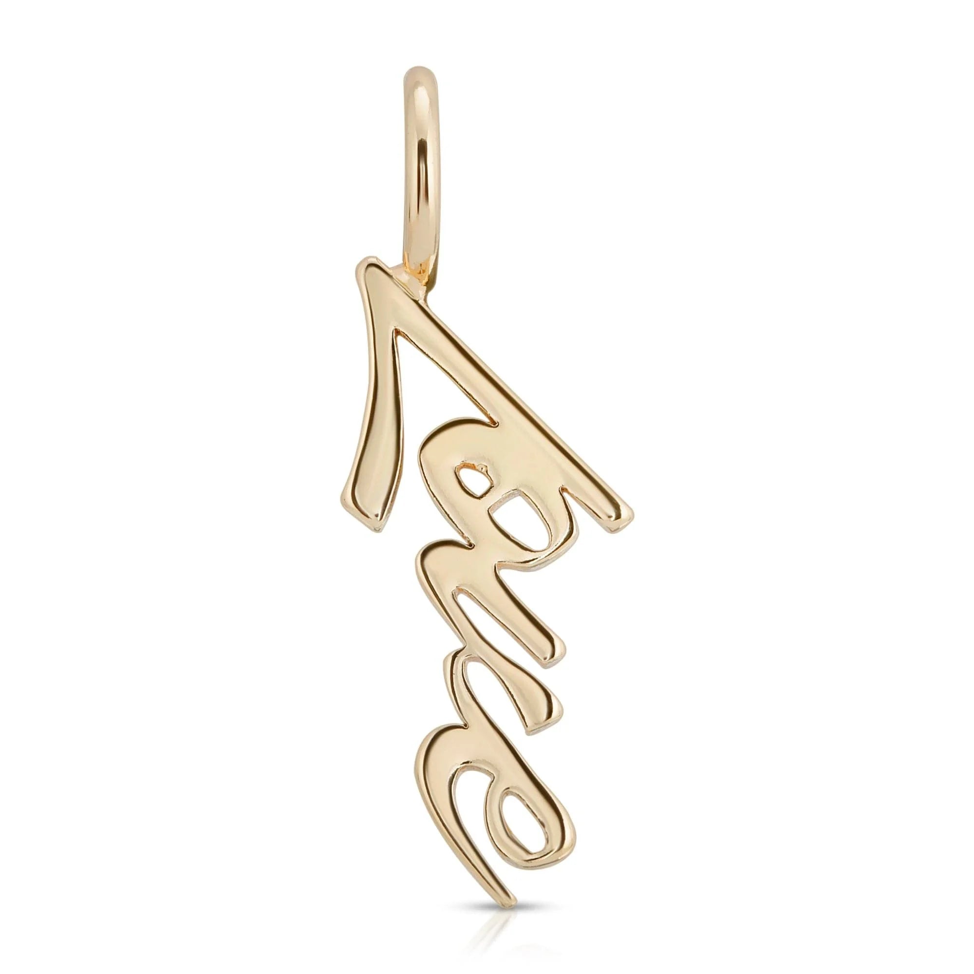 Gold-colored script love pendant with elongated link chain in recycled brass plated material