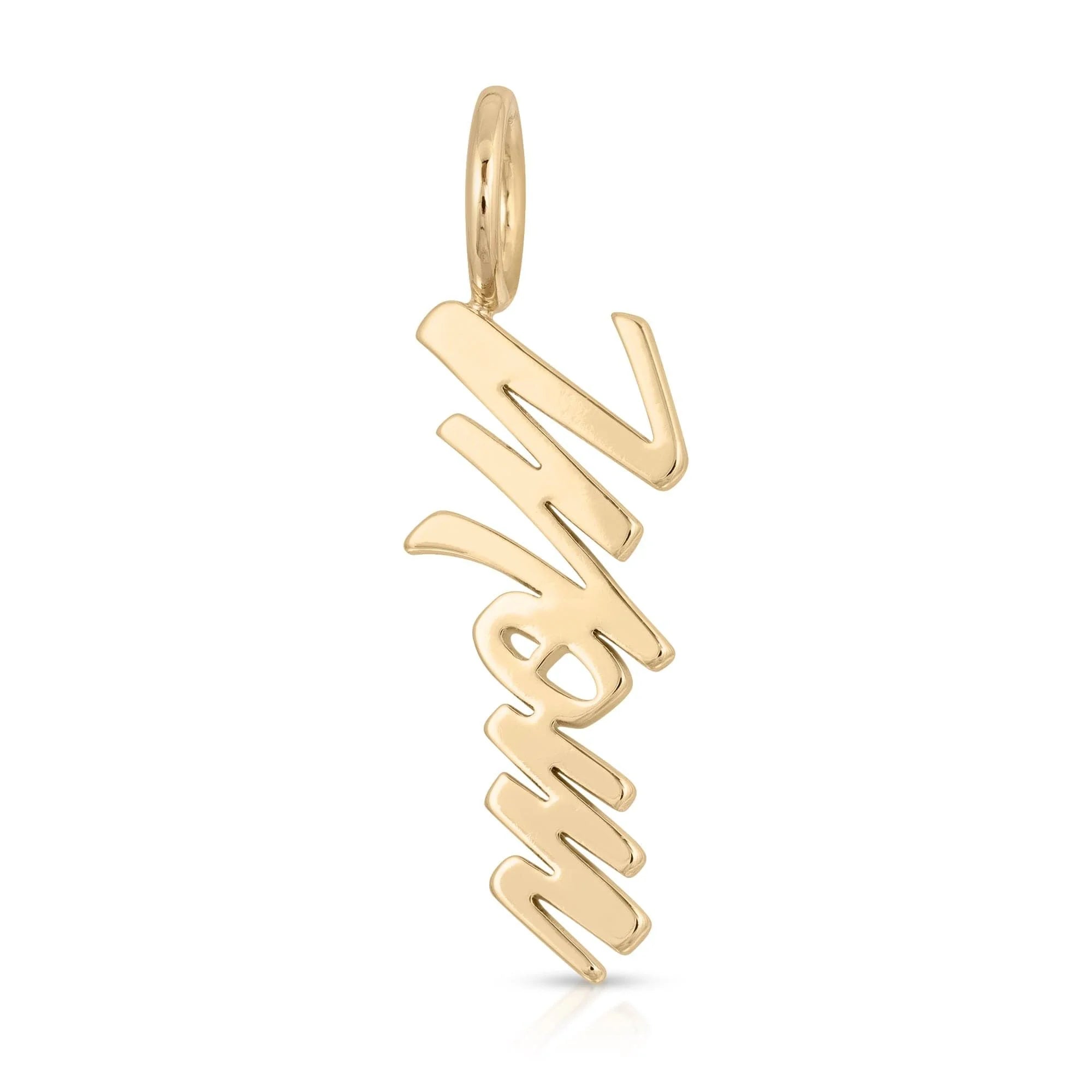 Gold script Mom pendant in recycled brass plated with protective coating for durability