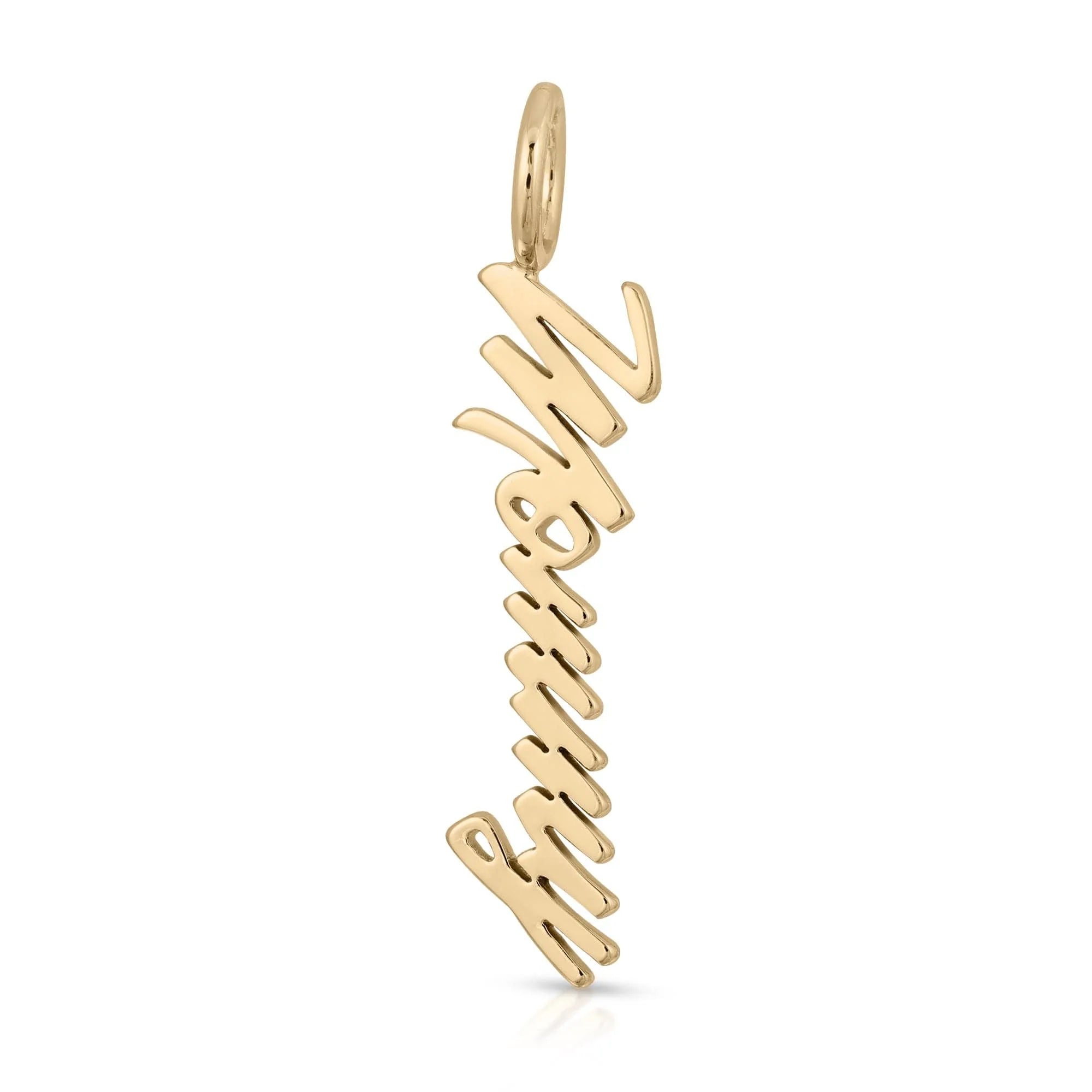 Gold Valentina pendant from Script Mommy Pendant collection in recycled brass plated material