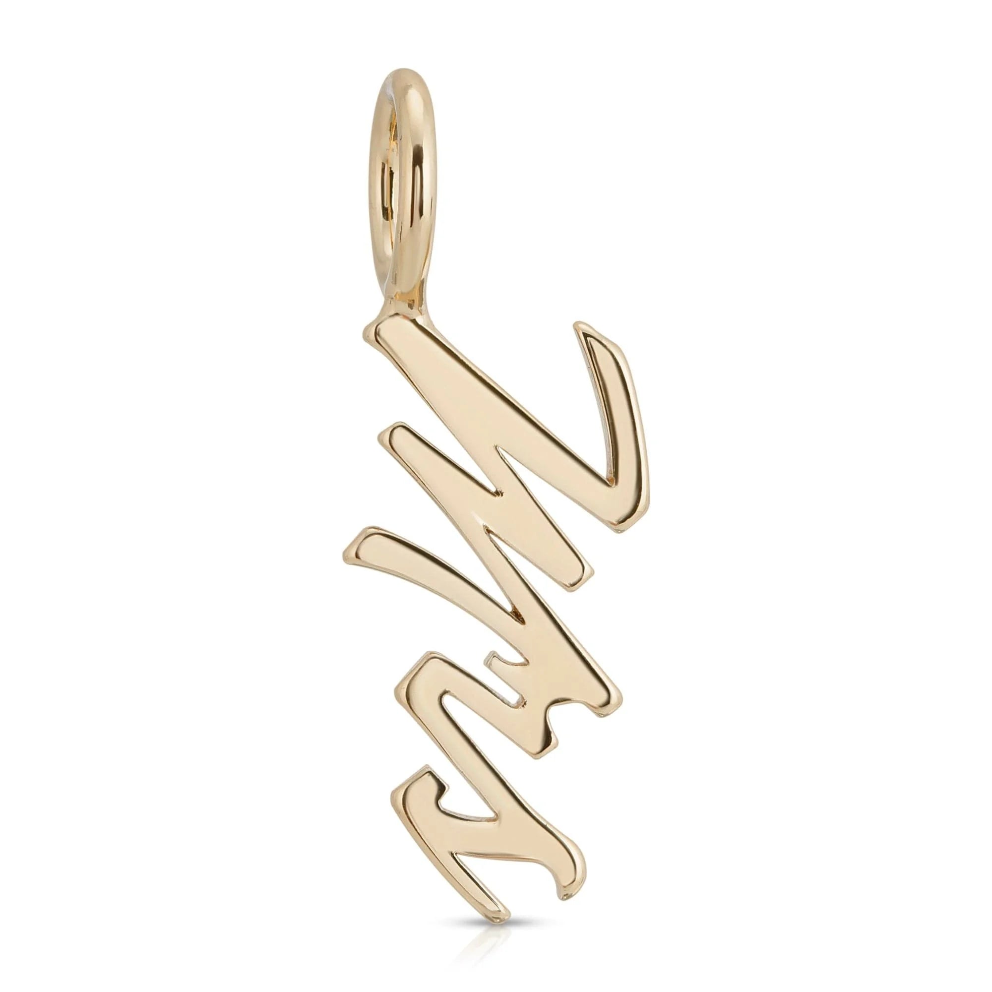 Gold script Mrs Pendant with stylized letters in recycled brass plated material