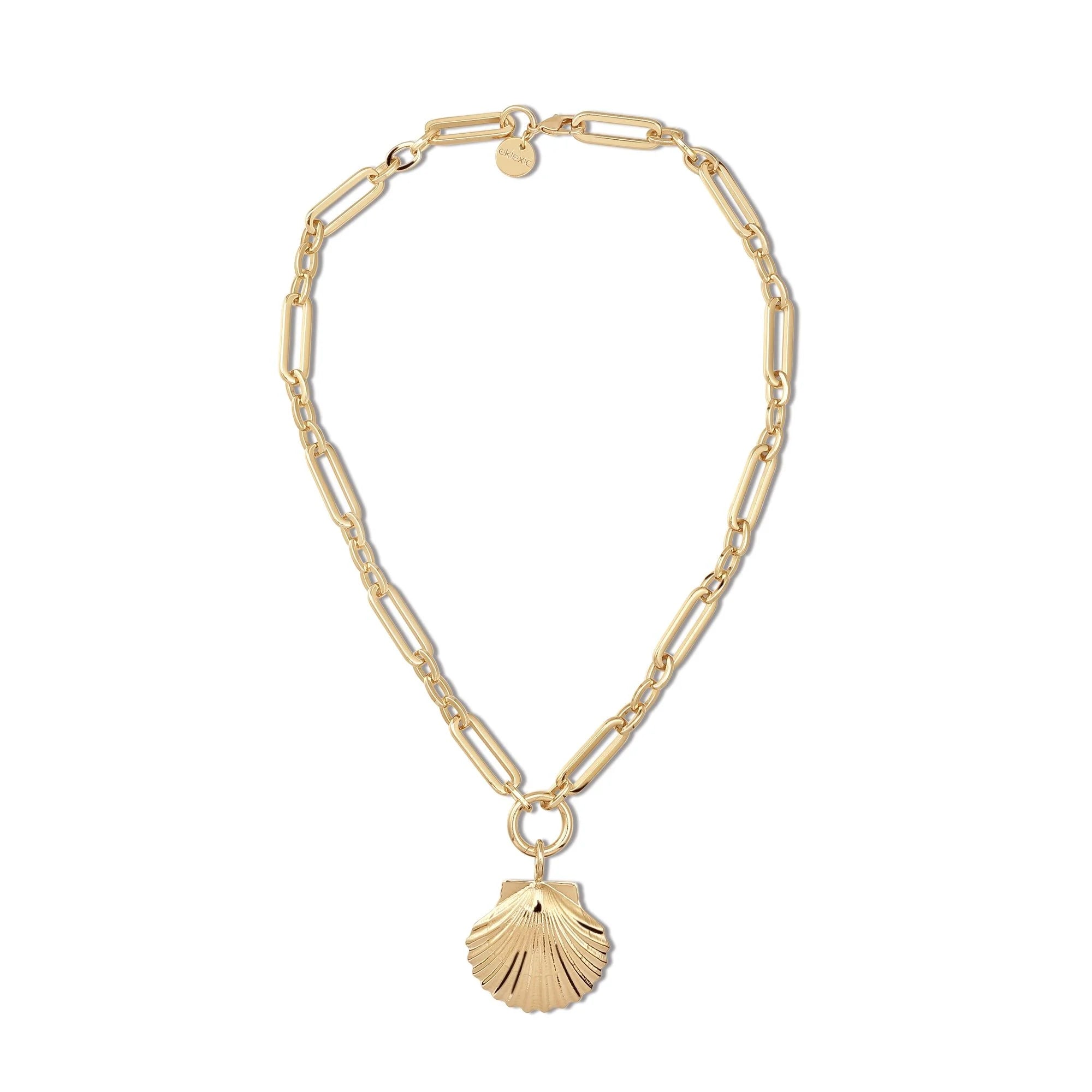 Shelly Necklace featuring recycled brass 14k gold plated seashell pendant for eco chic fashion