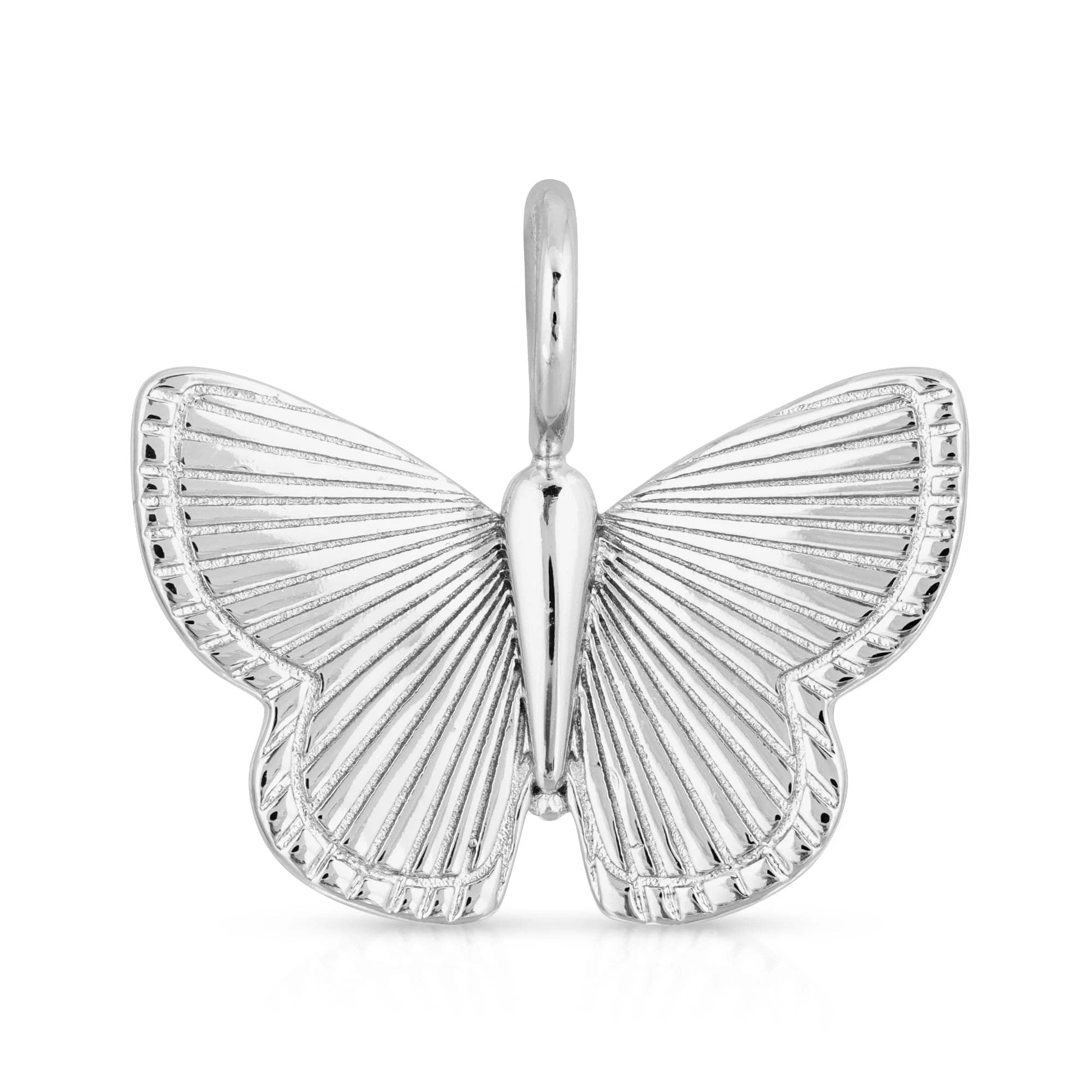 Silver Beatrix Pendant featuring a brass plated rhodium-silver butterfly measuring elegant charm