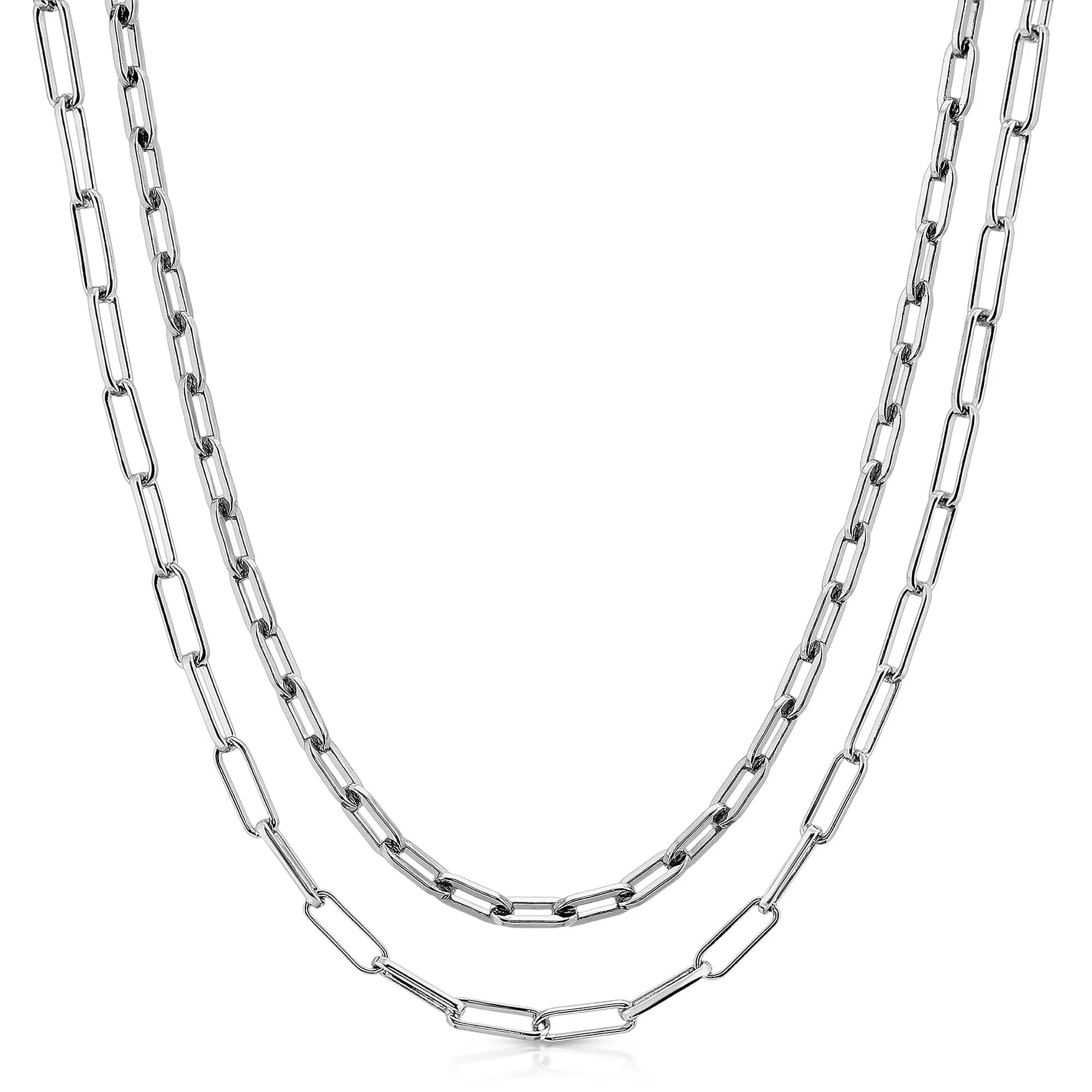 Two silver elongated link chain necklaces featuring brass multi chain design