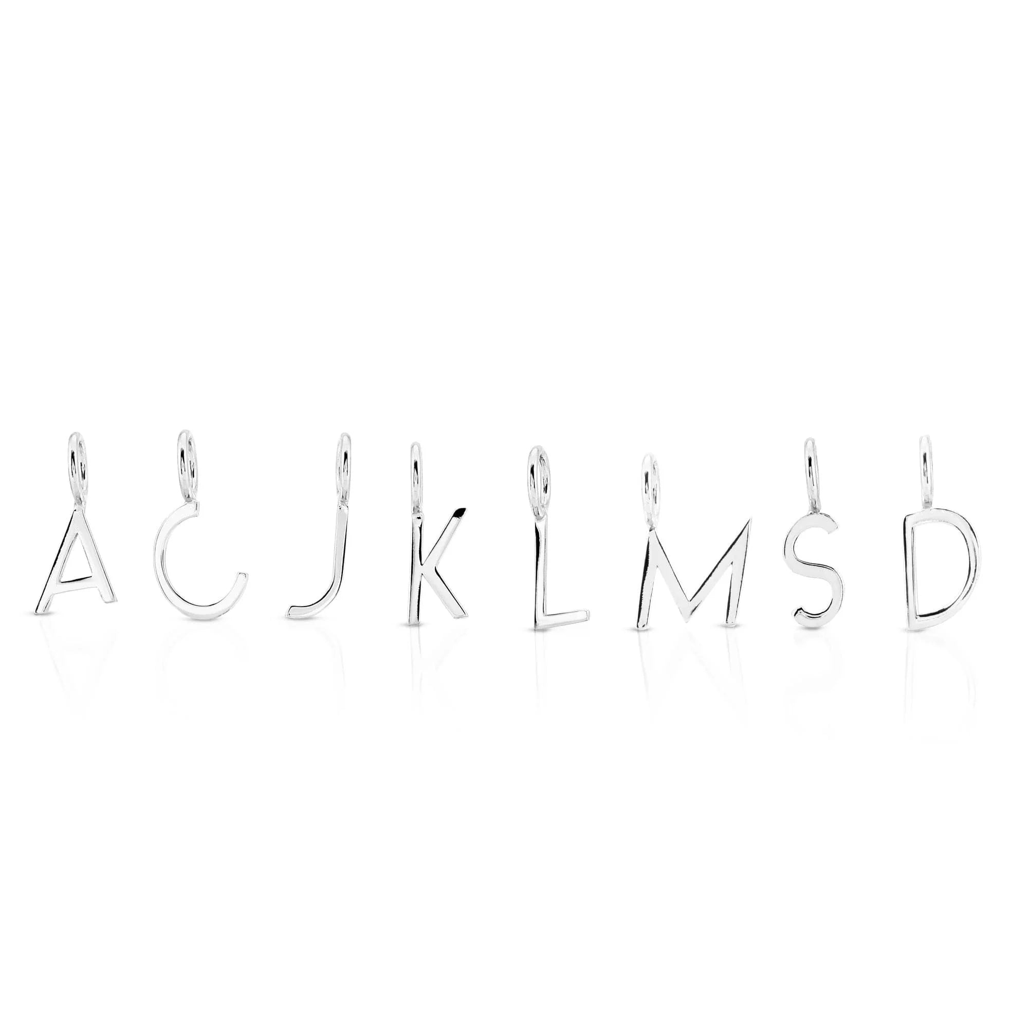 Silver essential letter charms made from recycled brass plated letters charms for personalized jewelry