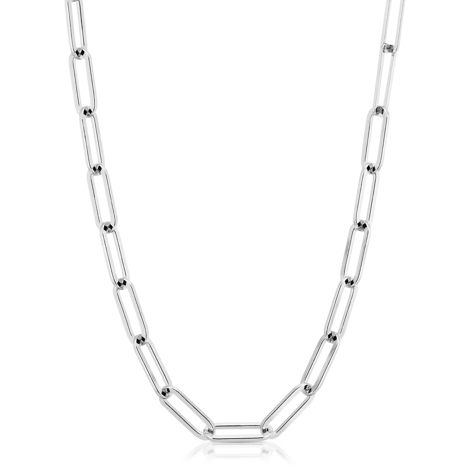 Silver large elongated link chain necklace featuring recycled brass paper and brass paper clip design