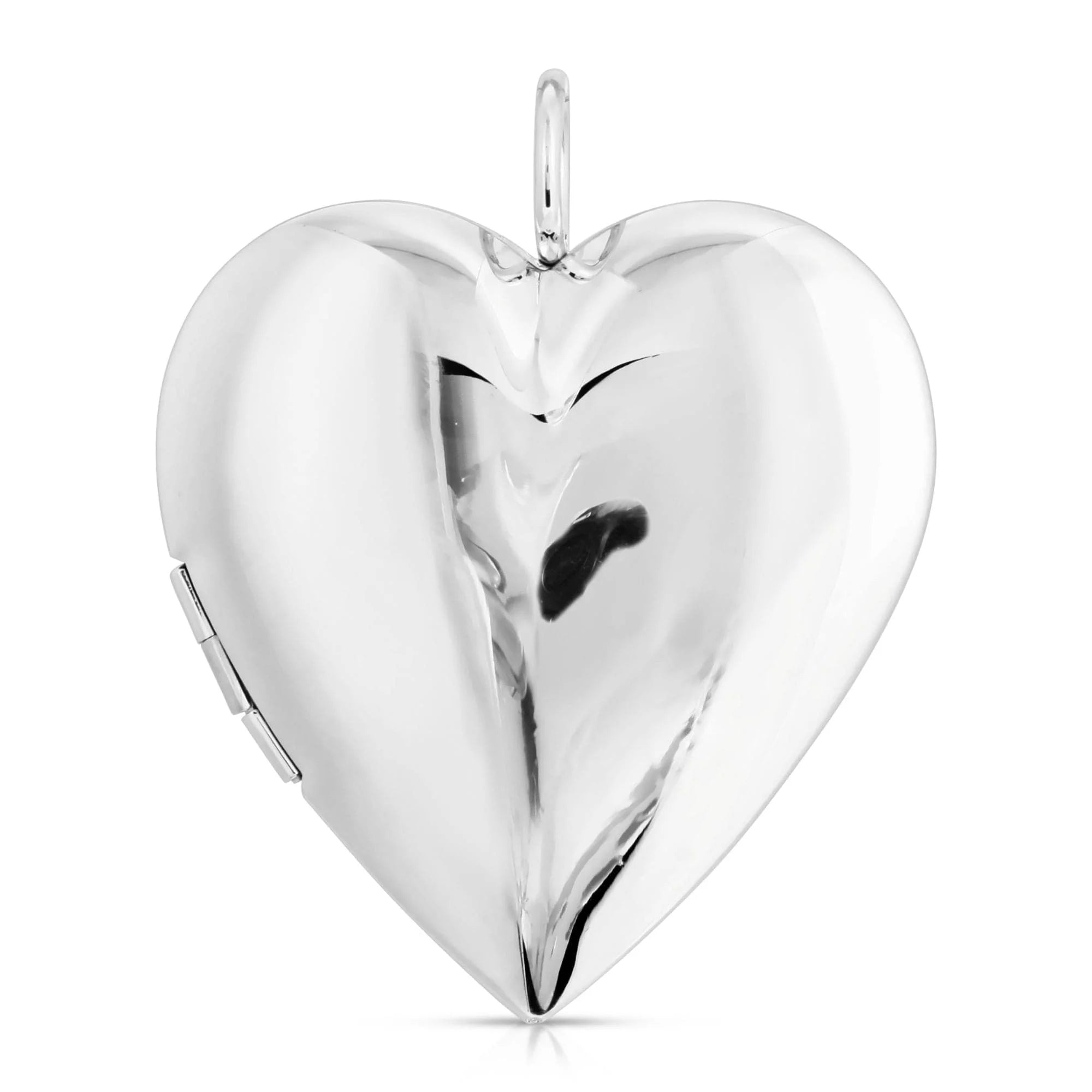Shiny silver heart locket featuring large Hamilton locket, brass plated rhodium-silver finish