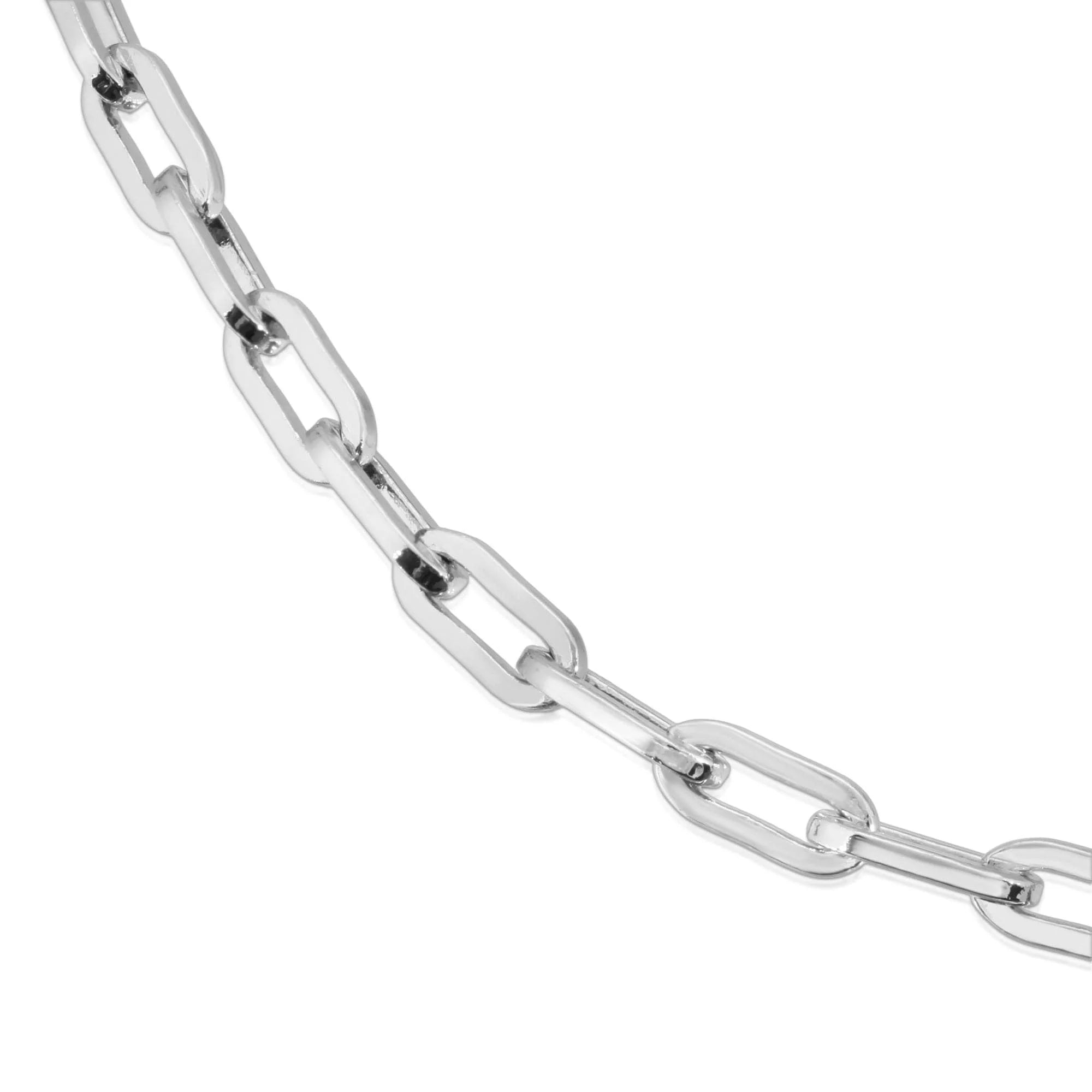 Silver medium link chain bracelet featuring rectangular links with protective coating
