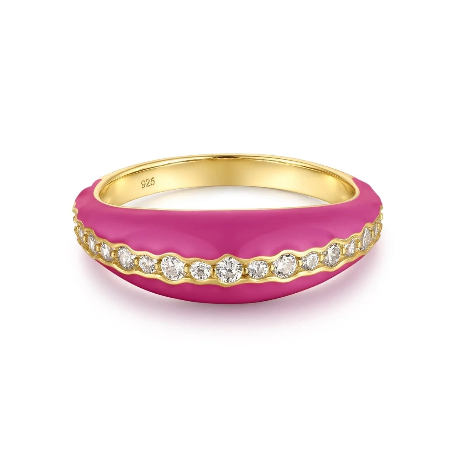 Pink enamel and gold vermeil ring with diamonds, part of the Tapered Pink Enamel & CZ Channel Ring collection