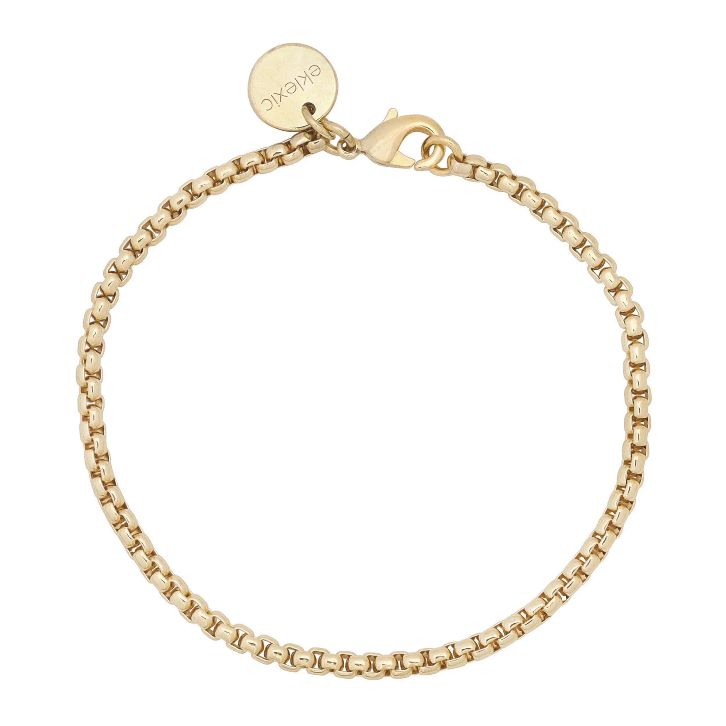 Gold-toned Thin Luciana Bracelet with Circular Charm and Lobster Clasp in Brass Venetian Box Chain