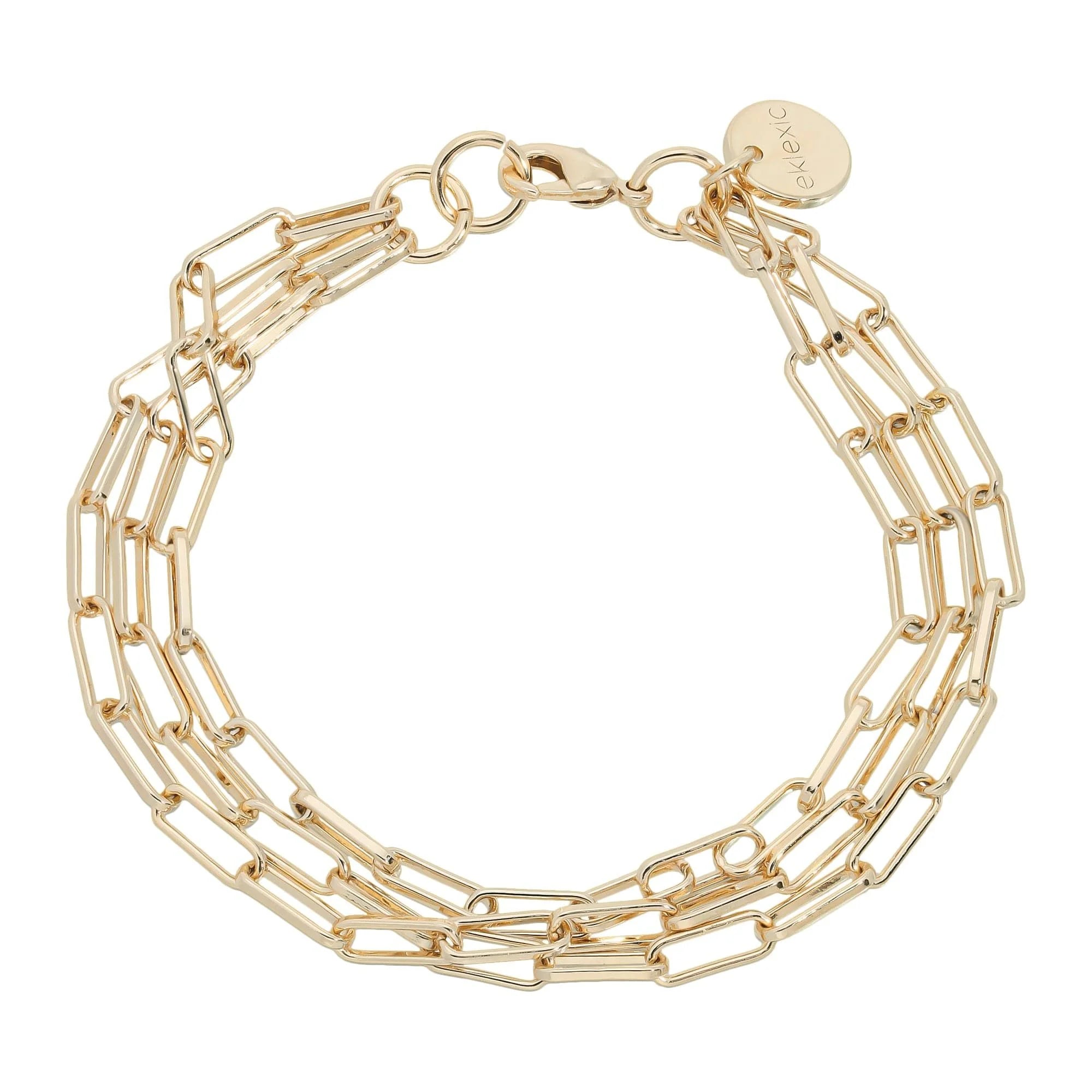 Gold-toned triple chain bracelet featuring recycled brass paper clip links and a stylish design