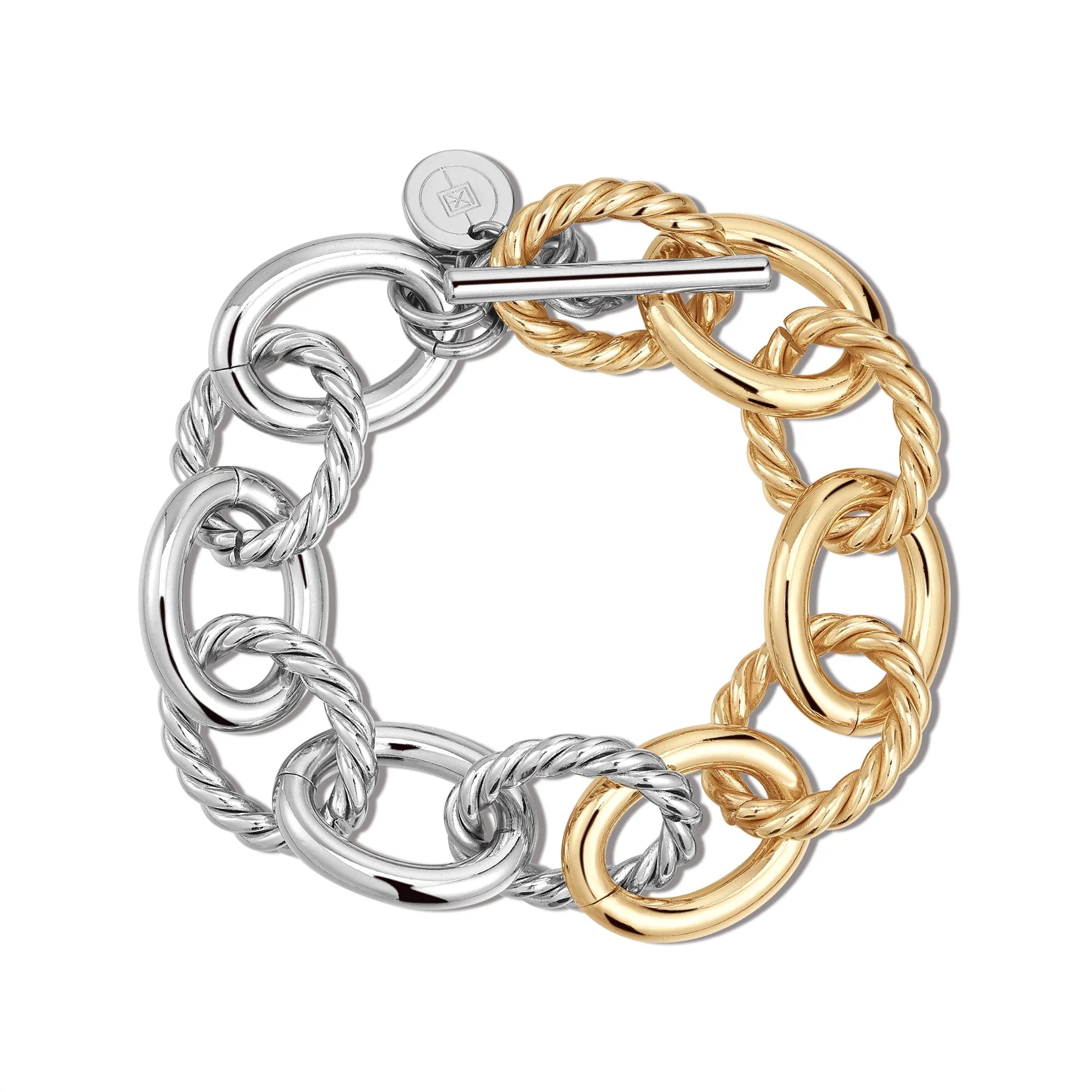 Two-tone XL Alternating Twisted Link Toggle Bracelet with Recycled Brass, 14k Gold, Rhodium Plating
