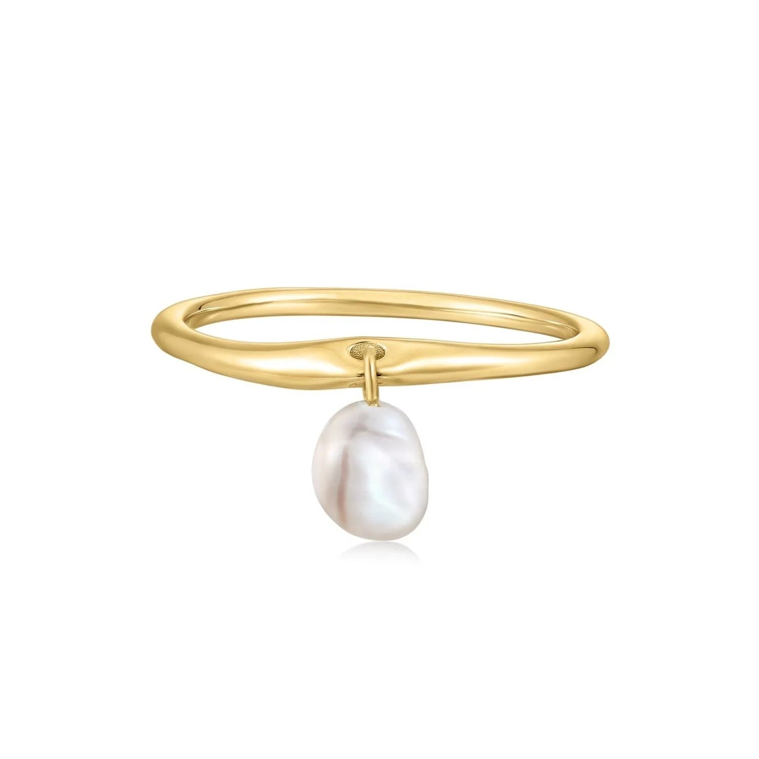 Gold vermeil wavy ring with dangling pearl showcasing 14k gold vermeil thickness 1mm