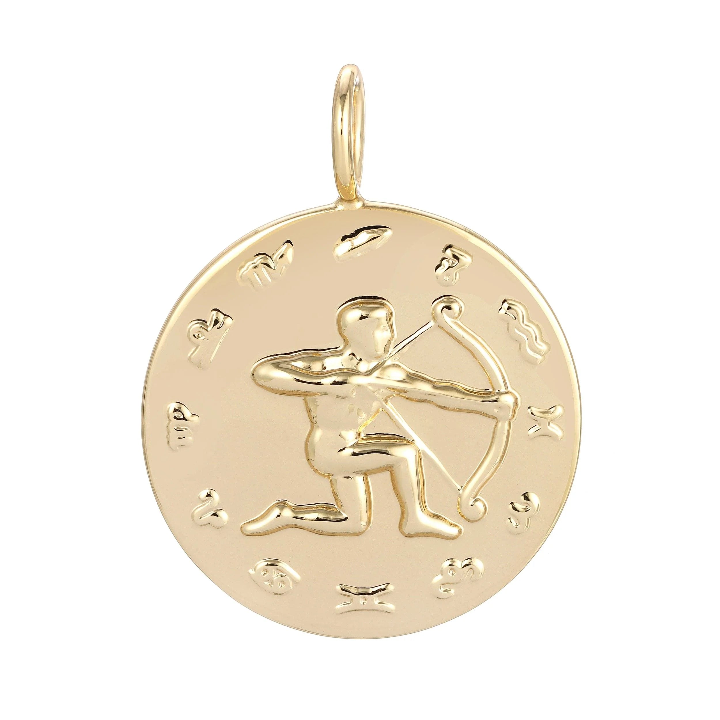 Gold Sagittarius zodiac pendant representing seeking justice and a big heart jewelry piece